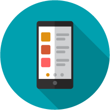 Black and white smart phone icon with an orange, red and pink boxes on the left and grey lines symbolizing text on the right, three gray dots on the botton, on teal circle background, symbolizing convenience.